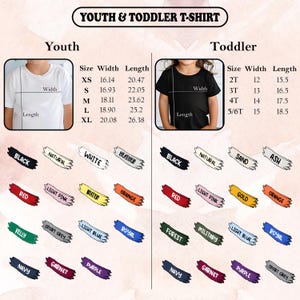 Pu&ograve; includere: Tabella delle taglie per t-shirt per ragazzi e bambini piccoli. Le misure di larghezza e lunghezza sono indicate. Viene presentata anche una tavolozza di colori con opzioni come nero, bianco e rosso.