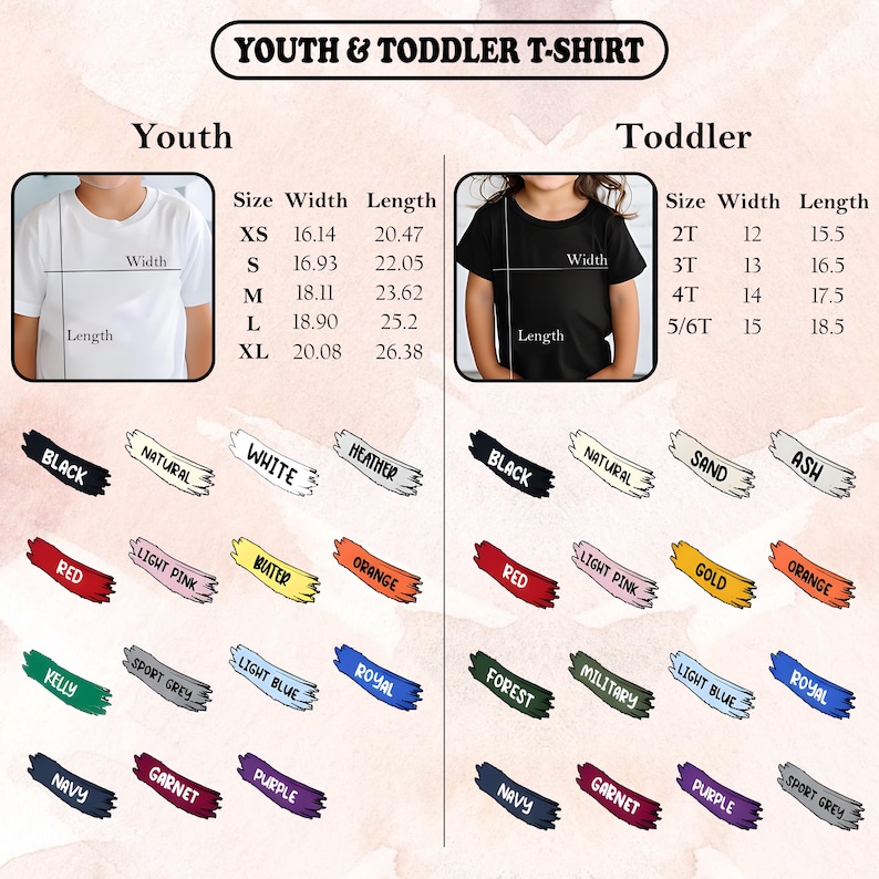 Pu&ograve; includere: Tabella delle taglie per t-shirt per ragazzi e bambini piccoli. Le misure di larghezza e lunghezza sono indicate. Viene presentata anche una tavolozza di colori con opzioni come nero, bianco e rosso.