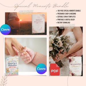 Puede incluir: Un paquete Special Moments Bundle con 160 páginas de plantillas editables en Canva para embarazo, bebé y bodas. Incluye un planificador de embarazo 2027, un libro de recuerdos para recién nacidos y un planificador de bodas con flores.