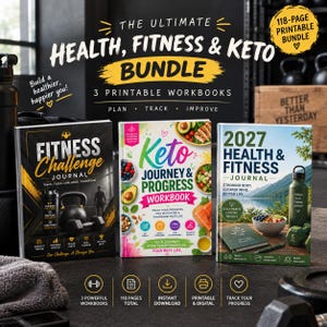 Puede incluir: Tres libros de trabajo imprimibles titulados The Ultimate Health, Fitness & Keto Bundle. Los libros son Fitness Challenge Journal, Keto Journey & Progress Workbook y 2027 Health & Fitness Journal. El conjunto incluye 118 páginas en total.
