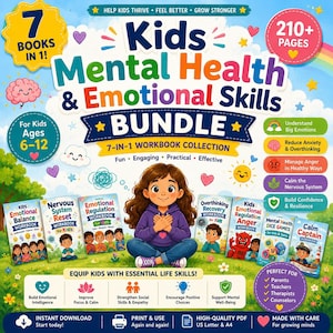 Pode incluir: Um pacote de livros de exercícios digitais intitulado Kids Mental Health & Emotional Skills, com sete livros em um, totalizando mais de 210 páginas para crianças de 6 a 12 anos. A capa exibe uma criança em desenho animado, ícones e texto educativo.