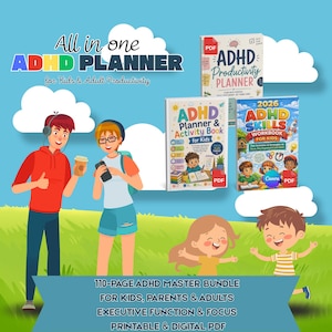 Puede incluir: Un paquete digital con tres planificadores y libros de actividades TDAH para niños y adultos. La imagen muestra el texto All in one ADHD PLANNER for Kids & Adult Productivity, 110-page ADHD MASTER BUNDLE y varios personajes animados.