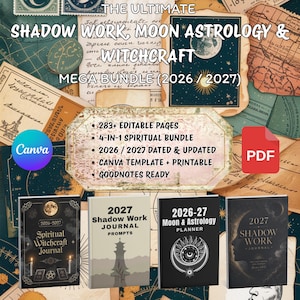 Puede incluir: Un paquete digital con cuatro diarios titulados Shadow Work, Moon Astrology y Witchcraft para 2026 y 2027. El conjunto incluye 283 páginas editables de Canva, archivos imprimibles y formatos PDF sobre un fondo de papeles antiguos.