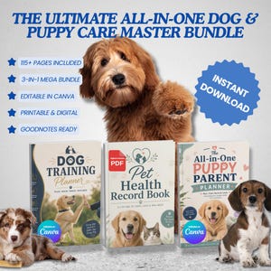 以下が含まれることがあります： Ultimate All-in-One Dog & Puppy Care Master Bundleには、115ページ以上、3-in-1メガバンドルが含まれ、Canvaで編集可能、印刷可能、デジタル、Goodnotes対応です。Dog Training Planner、Pet Health Record Book、The All-in-One Puppy Parent Plannerの3つのプランナーがあり、犬と猫の画像が掲載されています。