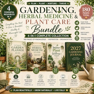 May include: A digital gardening, herbal medicine, and plant care bundle featuring four books: Ultimate Garden Planner, Homegrown Herbal Medicine Guide, Indoor Plant Wellness Journal, and 2027 Gardening Journal, totaling 180 pages of resources.