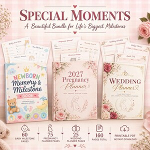 Puede incluir: Un conjunto de tres planificadores titulados Special Moments, que incluye un libro de recuerdos para recién nacidos, una agenda de embarazo 2027 y un organizador de bodas. La colección presenta detalles florales y páginas de seguimiento.