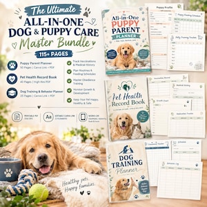 Puede incluir: Un paquete digital de cuidado para perros y cachorros con tres planificadores: All-in-One Puppy Parent Planner, Pet Health Record Book y Dog Training Planner. Incluye más de 115 páginas en PDF imprimible y plantillas editables de Canva para registrar salud, vacunas y entrenamiento.