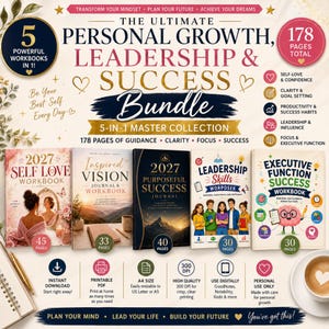 Puede incluir: Un paquete 5 en 1 que incluye cinco libros de trabajo titulados 2027 Self Love, Inspired Vision, 2027 Purposeful Success, Leadership Skills y Executive Function Success, con 178 páginas en total, detalles dorados e iconos.