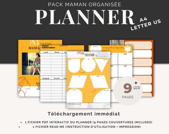 Puede incluir: Un paquete de planificador digital con el texto "PLANNER" y "PACK MAMAN ORGANISÉE". La imagen muestra varias páginas con formas geométricas, horarios semanales y el texto "9 PAGES". Incluye tamaños A4 y Letter US. También es visible el texto "TÉLÉCHARGEMENT IMMÉDIAT".