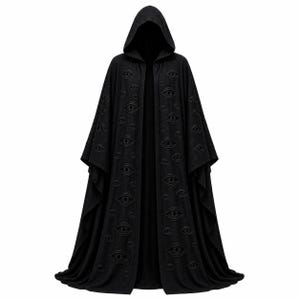 May include: A floor-length black hooded cloak featuring an all-over pattern of embroidered eyes. The garment has a deep hood, an open front design, and wide sleeves, with the eye motifs distributed across the entire surface of the fabric.