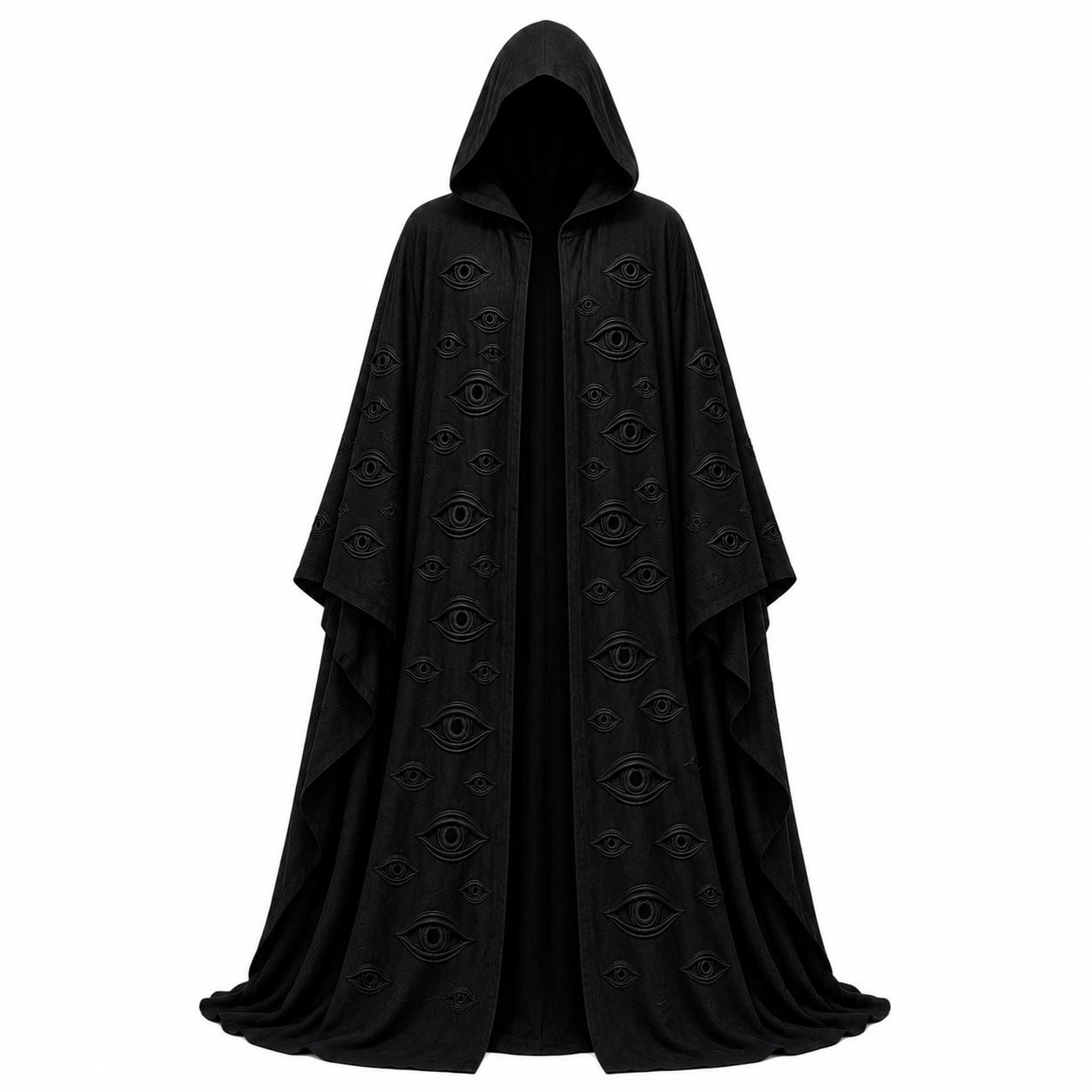 Black Embroidered Eye Hooded Cloak, Gothic Fantasy Cape, LARP Costume Mantle