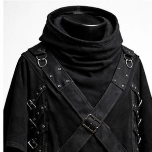 Black Gothic Harness Hooded Poncho – Cyberpunk Cloak with Buckles & Straps – Unisex Alternative Streetwear