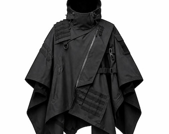 Chaqueta poncho táctica negra con capucha, capa utilitaria ciberpunk, capa de estilo urbano techwear