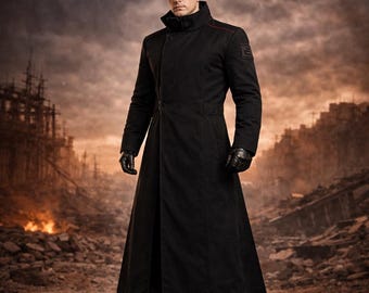Men’s Black Long Military Trench Coat | Post-Apocalyptic | Sci-Fi Cosplay Costume
