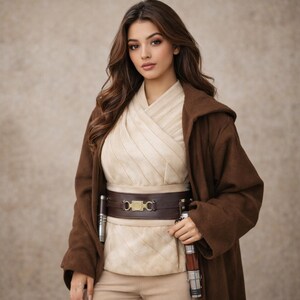 Women Jedi Costume Brown Cloak Outfit | Female Warrior Cosplay Costume | Fantasy Robe Coat image 2