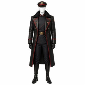 May include: A black military-style costume on a mannequin. The costume includes a long coat with red trim, a matching hat, and black boots. The coat has a faux fur collar and a gold-colored belt buckle. The gloves are black.