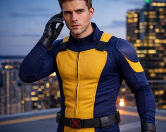 Men’s Yellow and Navy Blue Superhero Jumpsuit | Comic-Inspired Bodysuit