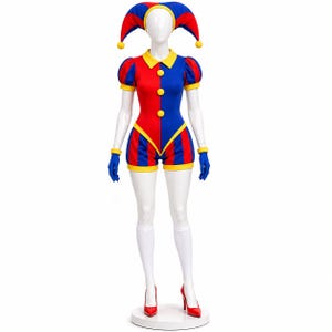 May include: A jester costume featuring a red and blue color-blocked bodysuit with a yellow collar, yellow buttons, and puff sleeves. The outfit includes a matching two-pointed jester hat with yellow pom-poms, blue gloves, and white knee-high socks.