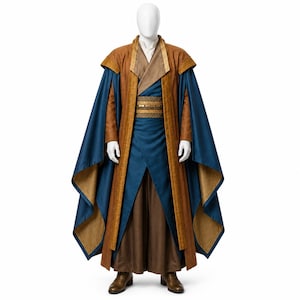 Pode incluir: Um traje completo exibido em um manequim. O traje apresenta uma longa túnica azul com detalhes em marrom e dourado, um cinto combinando e uma capa. O traje é combinado com botas marrons. O design geral sugere um tema de fantasia ou histórico.