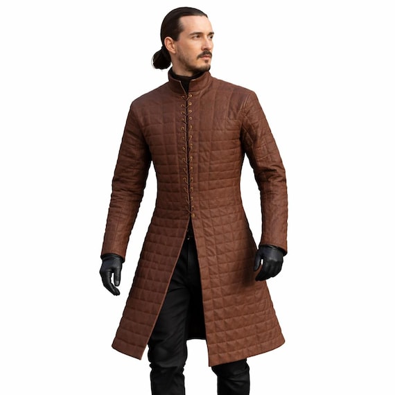 Jon Snow Quilted Brown Leather Coat | Renaissance Gambeson Long