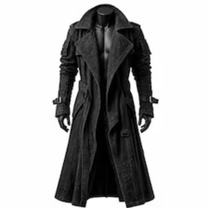 Svart lång trenchcoat i sliten konstruktion för män, steampunk-stil, dusterjacka
