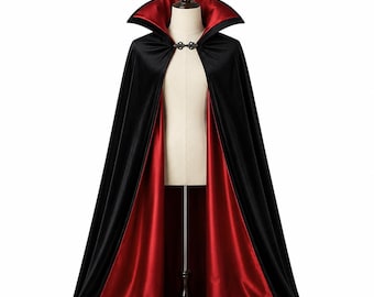 Zwart-rode vampiercape, gotische dracula-halloweenmantel, satijnen kostuum met hoge kraag
