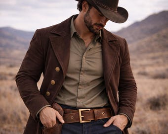 Men’s Brown Suede Leather Long Coat And Hat – Handmade Vintage-Style Outerwear