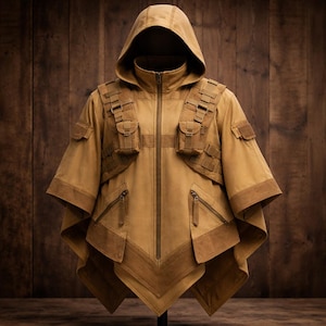 Poncho táctico color arena del desierto – Capa utilitaria con capucha, prenda de abrigo técnica de inspiración militar.