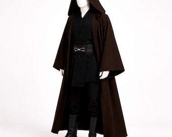 Jedi Hooded Robe Costume Set – Dark Monk Cloak, Black Tunic and Belt – Cosplay Outfit for Men & Women – Halloween Sci-Fi Costume