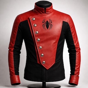 Op de afbeelding: Rode en zwarte jas met een hoge kraag en zilveren knopen. De jas heeft een rood leren voorpaneel met een zwart spinnenembleem en zwarte mouwen. De manchetten en kraag zijn van rood leer.