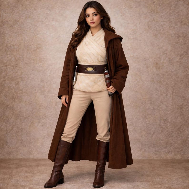 Women Jedi Costume Brown Cloak Outfit | Female Warrior Cosplay Costume | Fantasy Robe Coat image 1