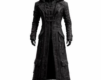 Men's Black Gothic Hooded Long Coat, Distressed Trench, Cyberpunk Steampunk Cosplay