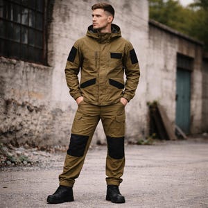 Op de afbeelding: Een beige jack met capuchon, zwarte patches op de schouders en borstzakken, gecombineerd met een bijpassende beige cargobroek met zwarte knieverstevigingen en zwarte laarzen. De outfit is voorzien van diverse functionele zakken en een ritssluiting.