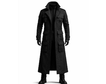 Gothic Tactical Long Trench Coat – Men's Black Military Style Coat – Cyberpunk