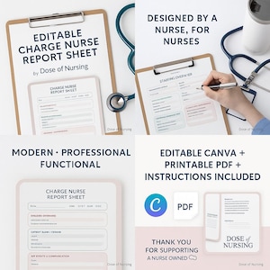 May include: A collection of editable Charge Nurse Report Sheets, designed by a nurse. The sheets are available in Canva and printable PDF formats, with instructions included. The design is modern, professional, and functional. A stethoscope is also visible.