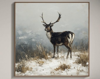 森の動物の油絵オリジナル、雪景色の鹿の絵、湖畔のアートハウスの装飾