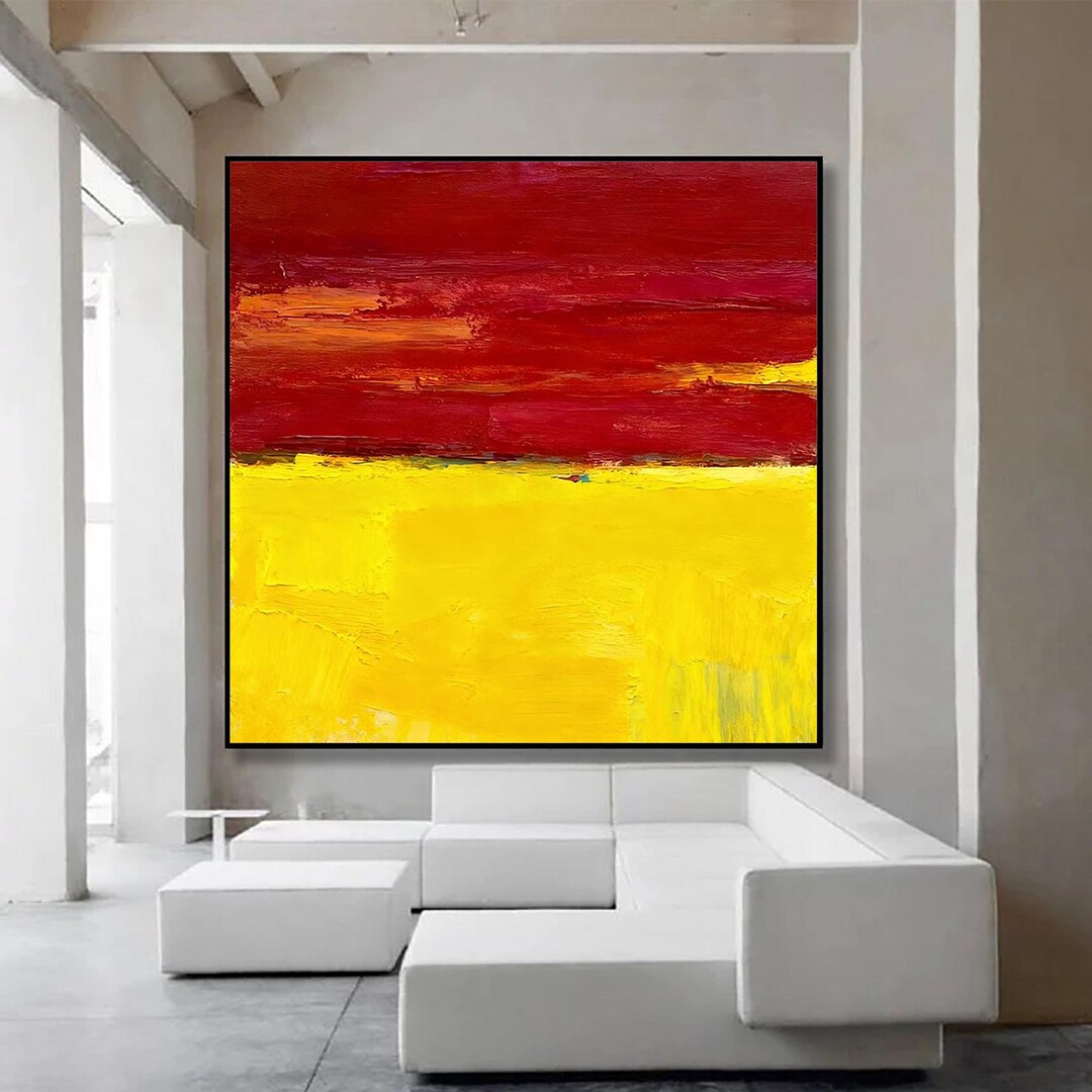 Original Abstract Oil Painting, Minimalist Red Yellow Wall Art ...