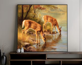 Quadro da parete raffigurante un cerbiatto, dipinto su tela raffigurante un cervo pacifico in riva al lago, calda scena naturalistica boschiva per l'arredamento della casa, affascinante opera d'arte raffigurante la fauna selvatica, regalo unico.