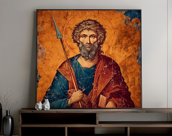 Saint Thomas orthodoxe canvas schilderij, apostel icoon kunst aan de muur, christelijk religieus decor, woonkamer decor, heilige discipel cadeau kunstwerk