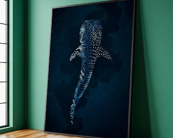Canvaskunst walvishaai, kunst aan de muur diepzee-oceaan, abstract zeedierkunstwerk, modern kustdecor voor woonkamer, interieurdecor
