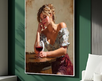 Vrouw met wijnglas canvas schilderij, romantische muurkunst voor slaapkamer of bar, elegant vrouwelijk portret met rode wijn, perfect cadeau