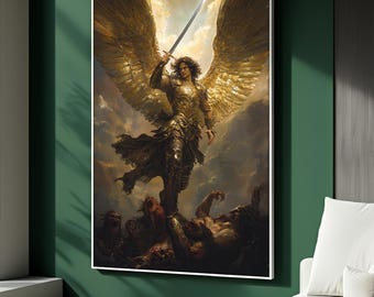 May include: A framed artwork depicting a golden-winged figure holding a sword aloft, standing over fallen figures. The artwork features a dramatic sky and detailed armor, creating a scene of conflict and triumph. The color palette is dominated by gold, brown, and grey.