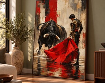 Spanish Bullfighter Canvas Painting, Black Bull Matador Wall Art, Red Cape Corrida Print, Dramatic Arena Artwork, Spanish Decor, Gift Idea