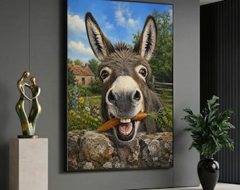 Funny Donkey Canvas Wall Art, Farm Animal Print, Donkey With Carrot Painting, Rustic Country Decor, Ready to Hang, Cute Animal Gift