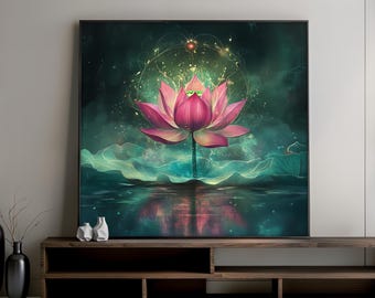 Dipinto su tela raffigurante un loto mistico, arte murale zen spirituale per il soggiorno, arredamento moderno per la meditazione, opera d'arte sacra raffigurante un loto, elegante regalo artistico.