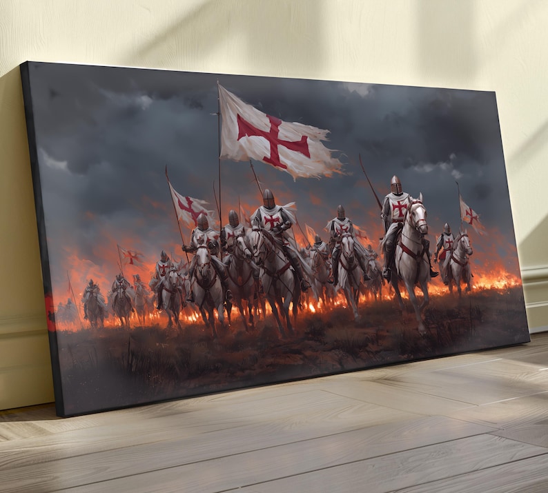 Knight Templar Canvas Painting, Crusader Army Wall Art With Fire and ...
