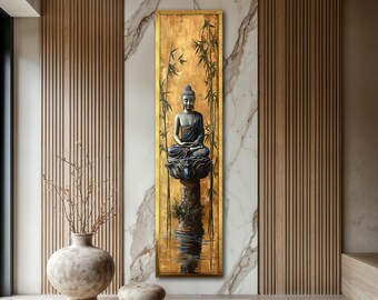 May include: A vertical rectangular painting of a seated Buddha statue on a lotus flower pedestal. The artwork features a gold background with bamboo stalks and a reflection of the statue in water. The statue is gray and blue.