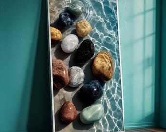 May include: A framed art print featuring a collection of smooth, colorful stones submerged in water. The stones vary in color, including black, white, brown, and blue, and are arranged against a backdrop of rippling water. The print is displayed against a teal wall.