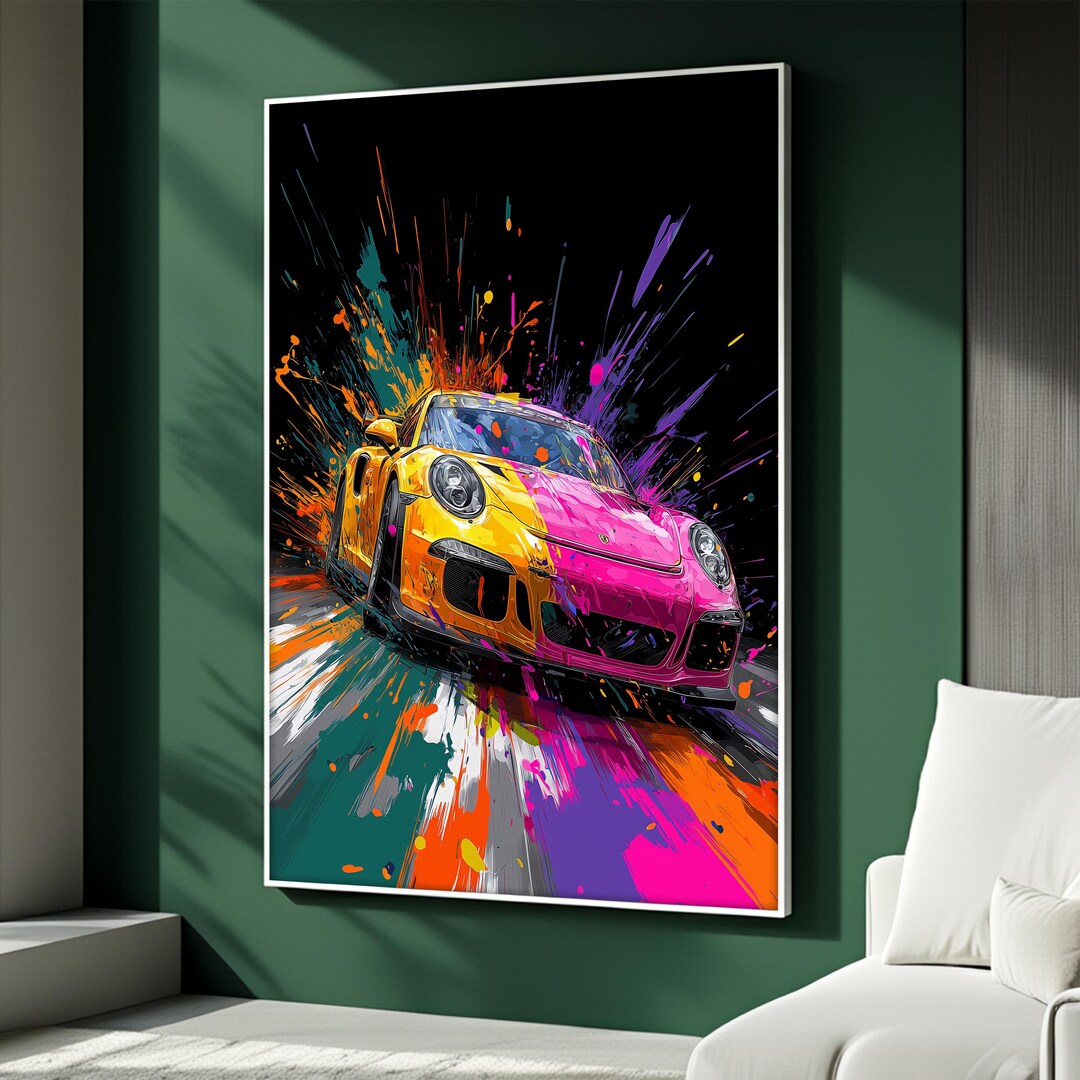 Sports Car Canvas Painting, Color Splash Racing Wall Art With Vibrant ...