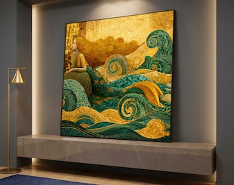 May include: A square wall art print featuring a mosaic-style illustration of a figure with long flowing hair resting among swirling teal and gold ocean waves. The artwork uses a vibrant colour palette of deep turquoise, emerald green, and metallic gold.